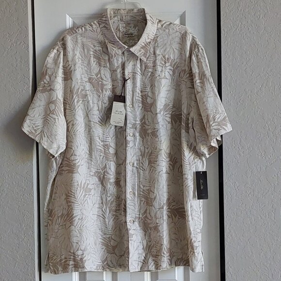 New Tasso Elba Island Cream & Tan Short Sleeve Button Down Shirt Men's Size XXL - Picture 1 of 14